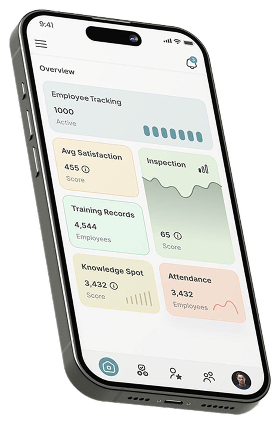 Smartphone displaying an employee management app interface with statistics on employee tracking, satisfaction, training, inspection, knowledge, and attendance.